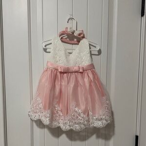 Pink and White Lace Baby Dress with Headband